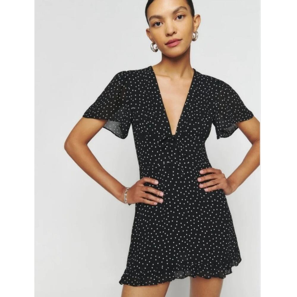 Reformation Mya Mini Dress - Black + White Polka Dot - Size 10
